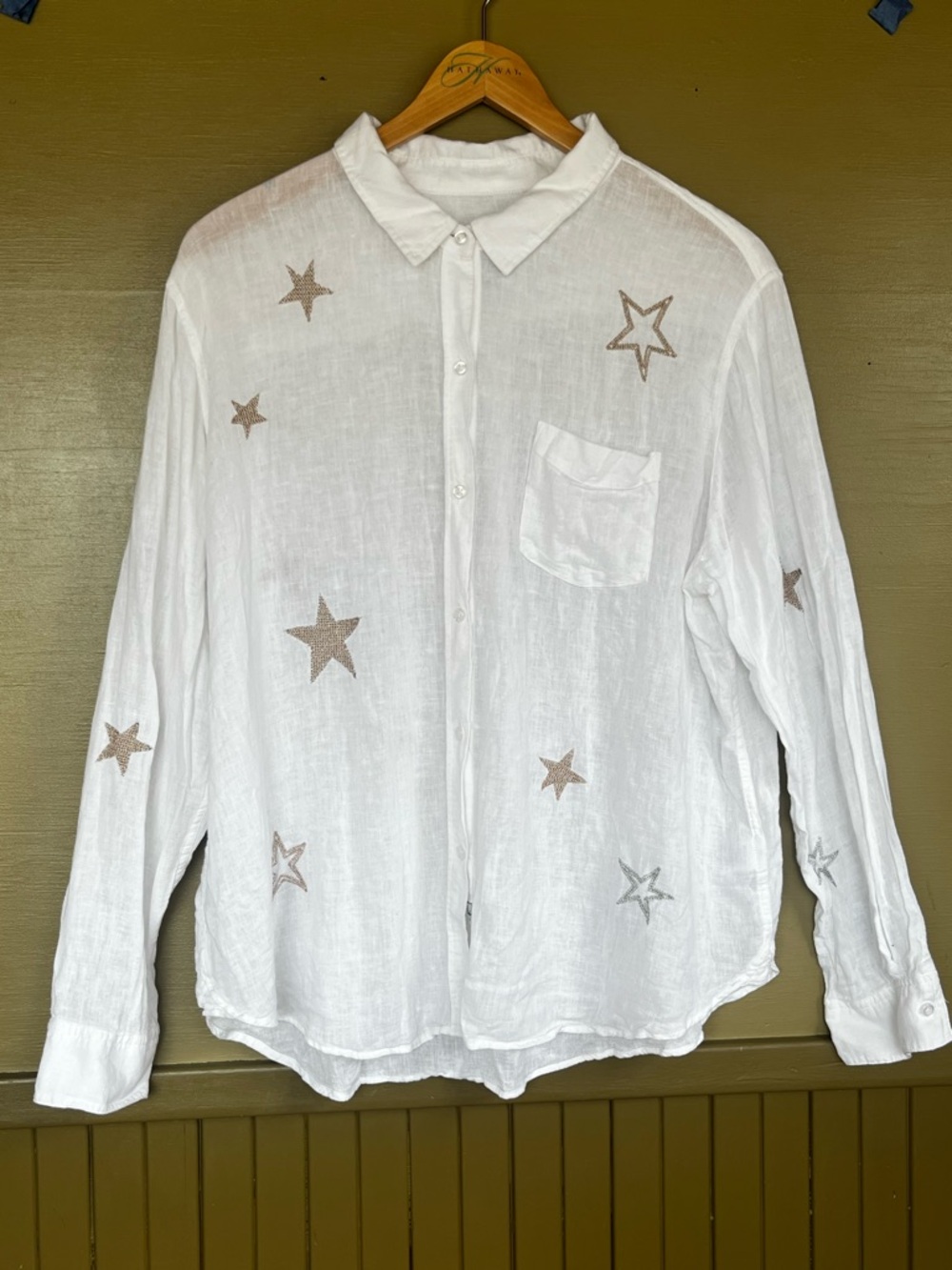 Rails Charlie Linen Blend White Gold Star-Print Button-Up Shirt XL